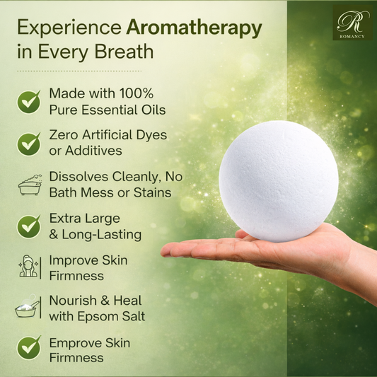Romancy aromatherapy bath bomb showing key benefits like essential oils, clean dissolve, and Epsom salt.