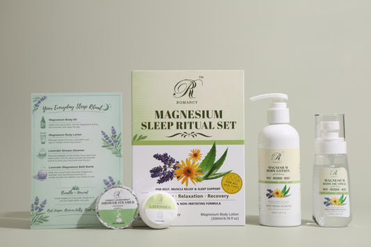 Romancy magnesium sleep ritual set with lotion, oil spray, bath bomb, shower steamer, and packaging
