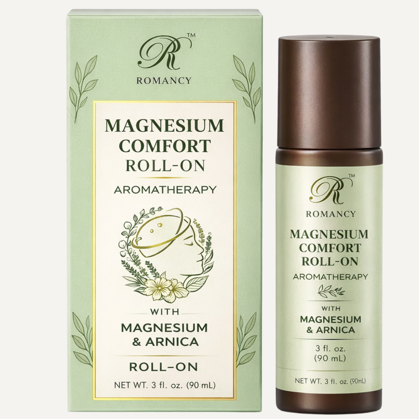 Romancy Magnesium Comfort Roll-On aromatherapy bottle and packaging with magnesium and arnica on white background.