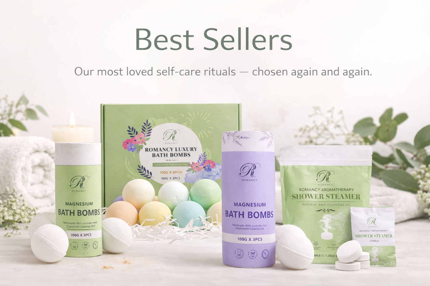 Display of self-care products including bath bombs, body care bottles, and boxed wellness items arranged on a light background.