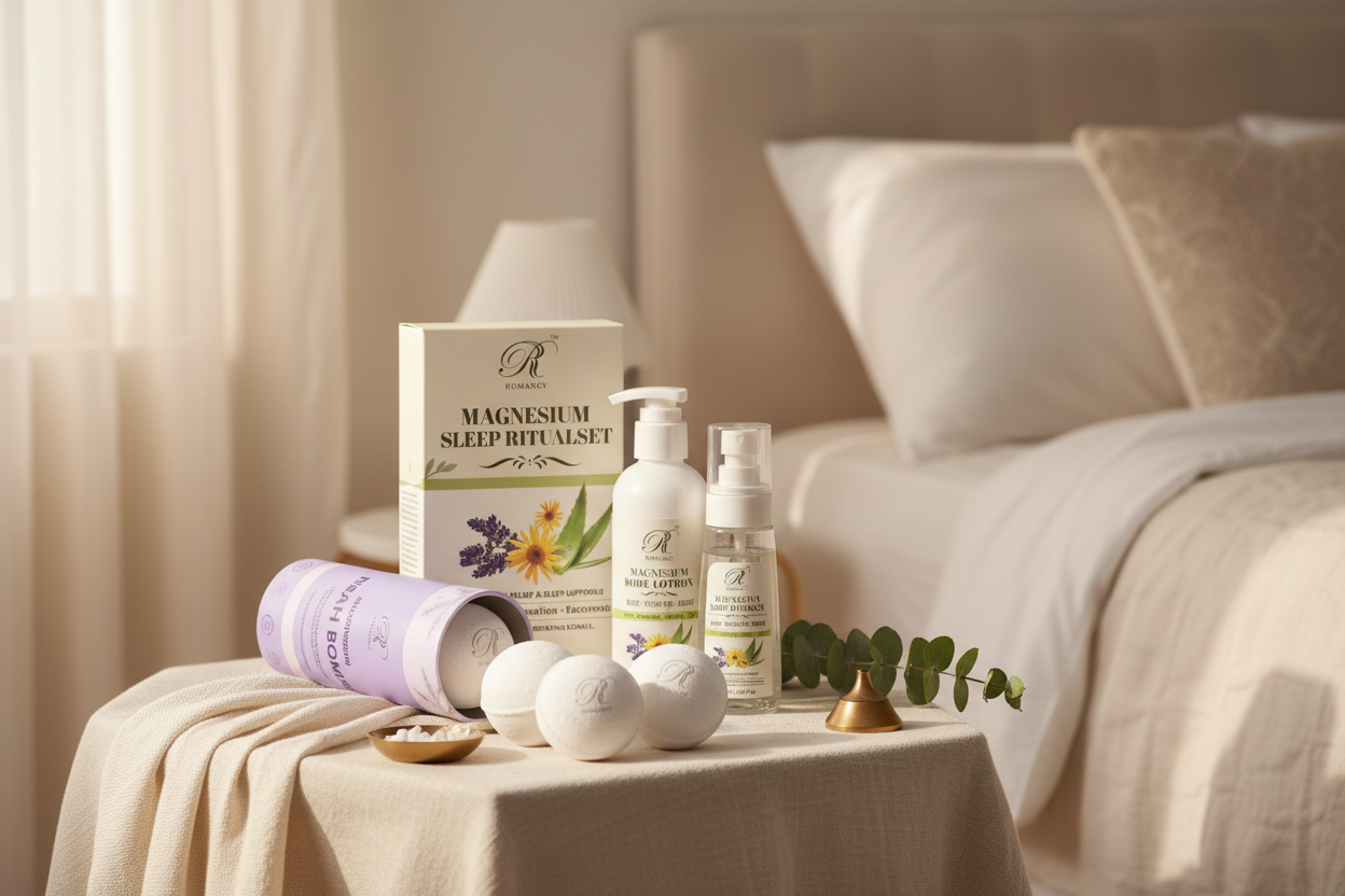 Magnesium sleep ritual set with body lotion, oil spray, bath accessories, and box packaging placed on a bedside table next to a bed.