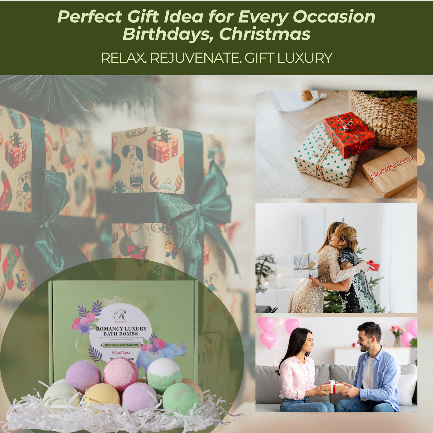 Romancy bath bomb gift box with pastel-colored bath bombs shown alongside gift-wrapped packages and people exchanging gifts.
