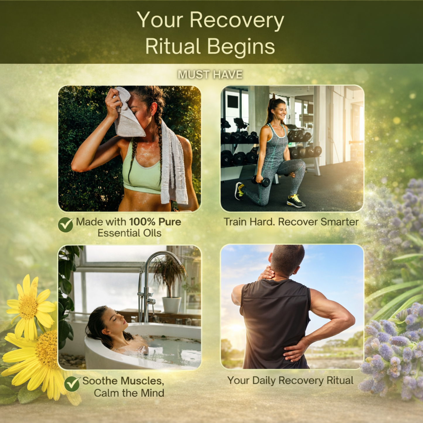 Romancy recovery ritual graphic showing post-workout training, muscle relief, and relaxation with aromatherapy and essential oil benefits.