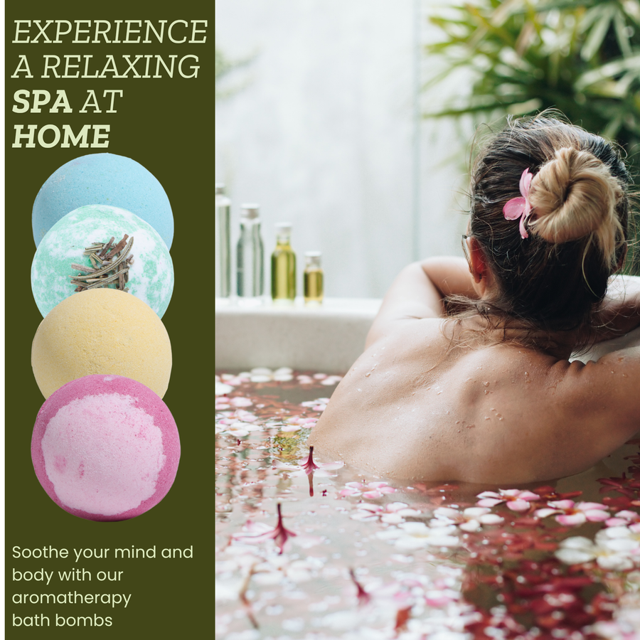 Person relaxing in a bathtub with bath water and Romancy bath bombs displayed beside the tub.
