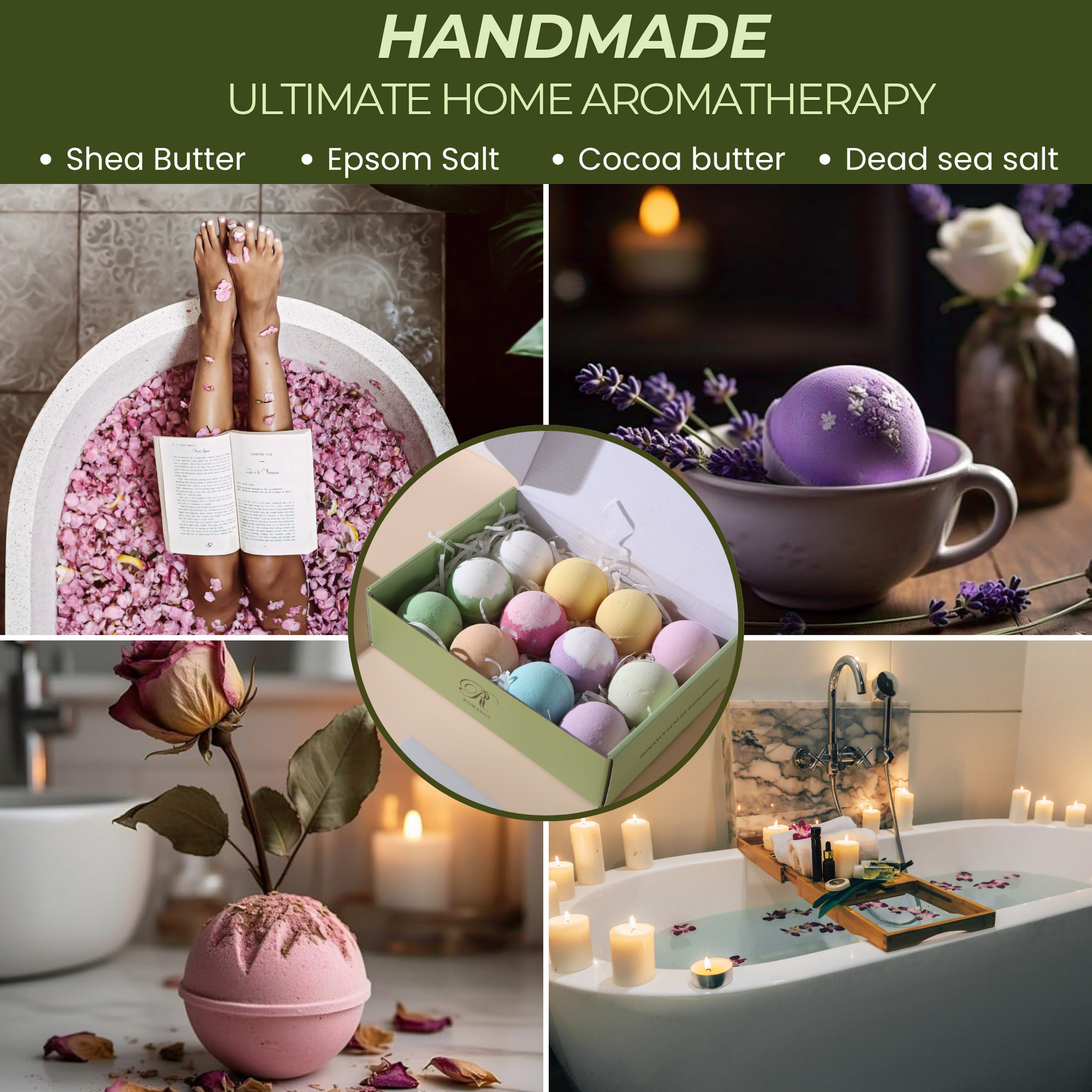 Collage showing Romancy bath bombs, a person soaking in a bathtub, candles, flowers, and spa-style bathroom scenes.