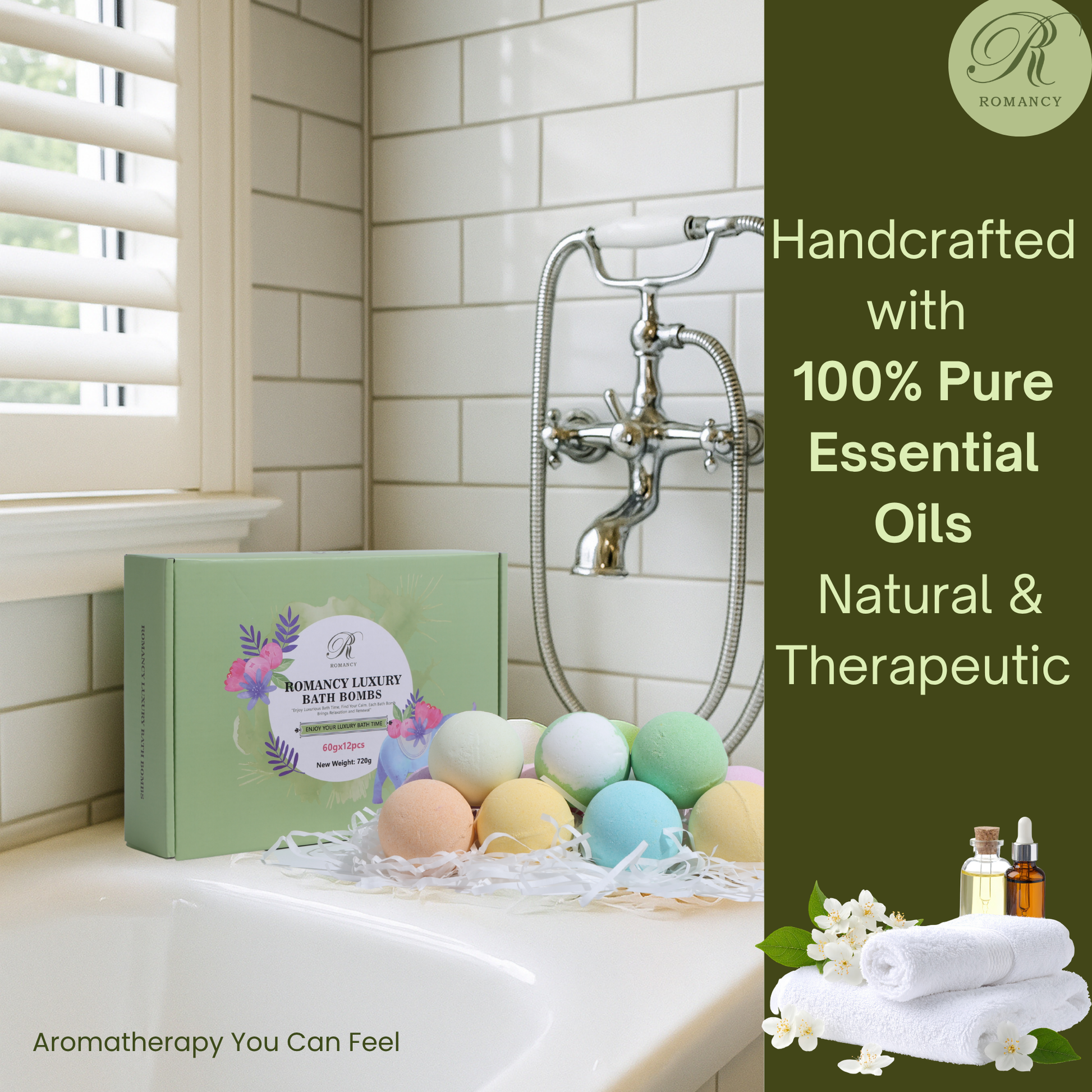 Romancy bath bomb gift box with pastel-colored bath bombs displayed on a bathtub ledge in a bathroom setting.