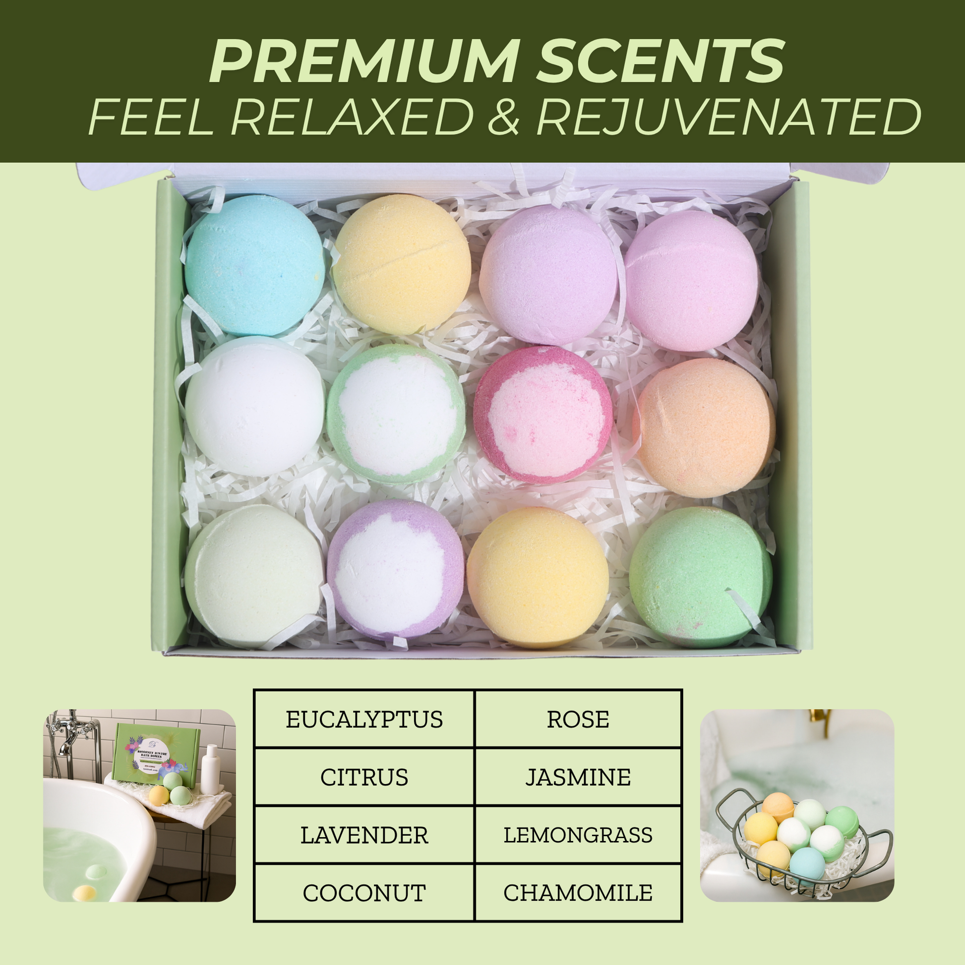 Open green gift box containing pastel-colored bath bombs arranged in rows with decorative text and images.
