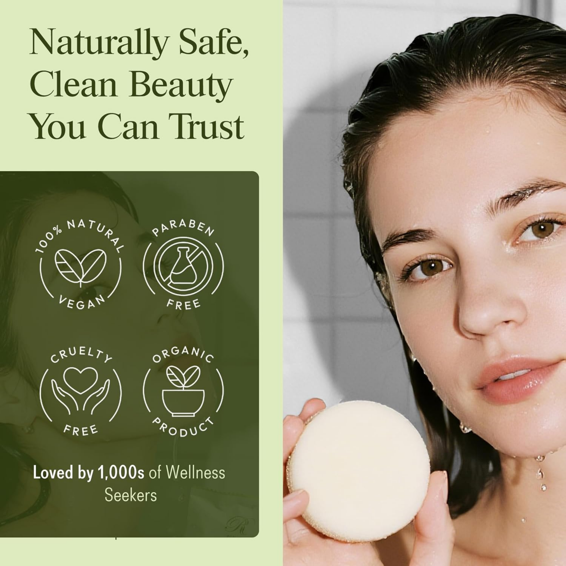 Woman holding a round bath bomb in a bathroom setting, with icons indicating vegan, paraben-free, cruelty-free, and organic product attributes.
