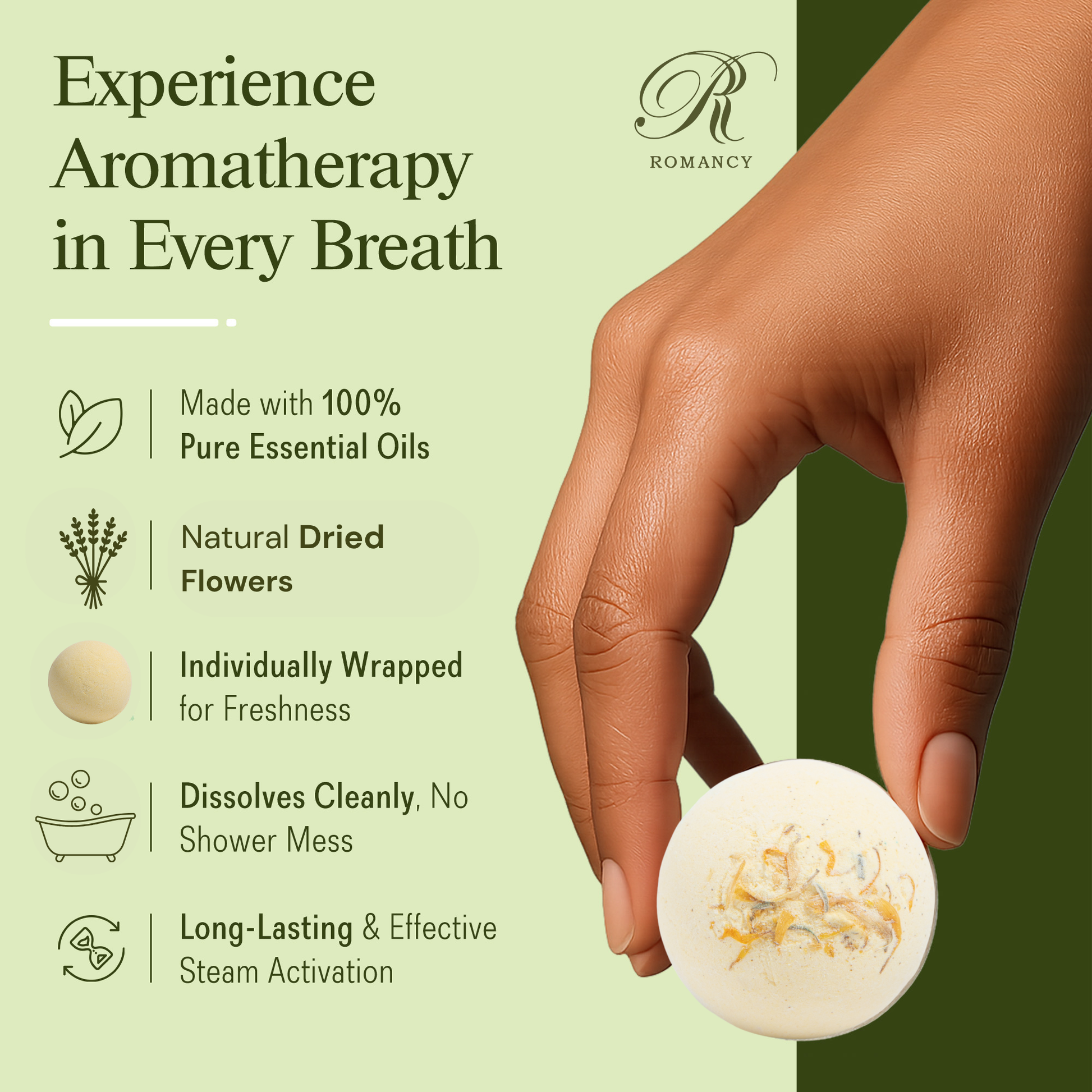 Hand holding a round aromatherapy bath bomb against a green background, with Romancy branding and text listing product features such as pure essential oils, dried flowers, individual wrapping, clean dissolving, and steam activation.
