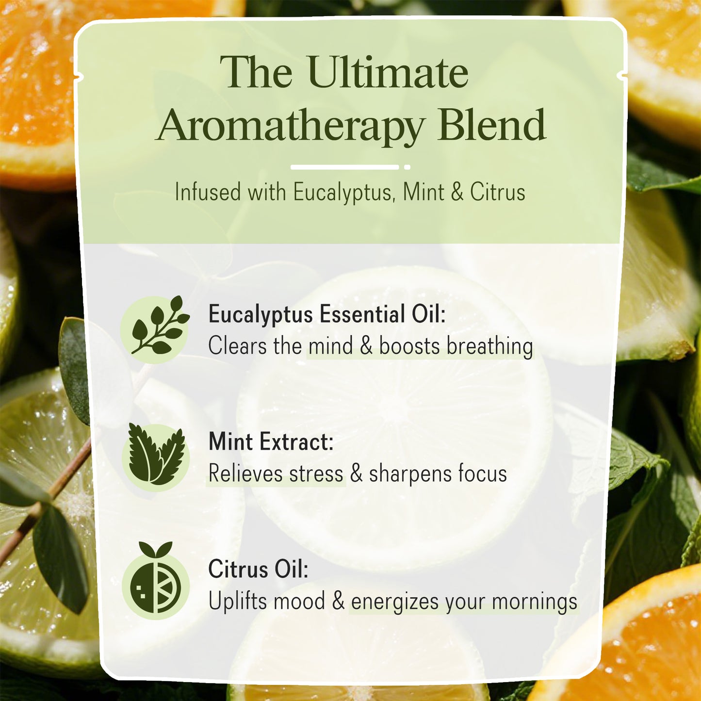 Infographic describing Romancy aromatherapy blend with eucalyptus, mint, and citrus oils and their calming and energizing benefits