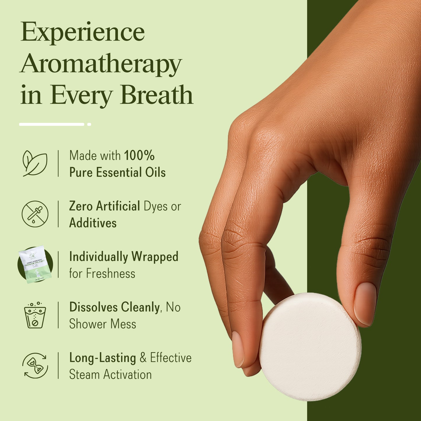 Hand holding a round white aromatherapy shower steamer with text highlighting natural ingredients and long-lasting steam activation
