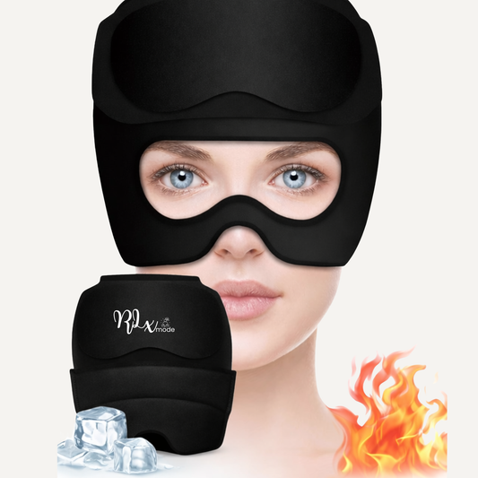Black headache relief eye mask worn on face, shown with removable hot and cold gel mask.