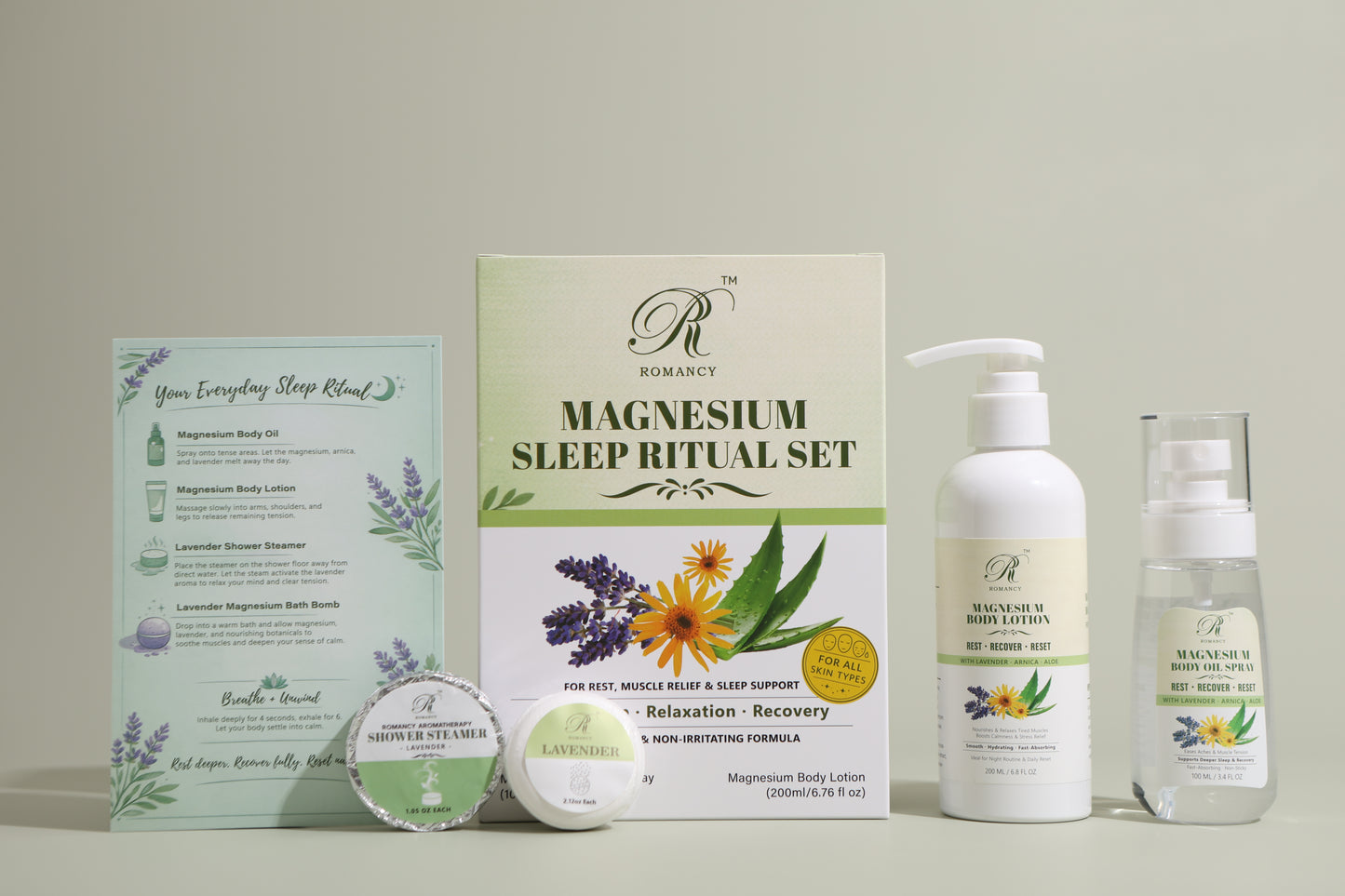 Romancy magnesium sleep ritual set with lotion, oil spray, bath bomb, shower steamer, and packaging
