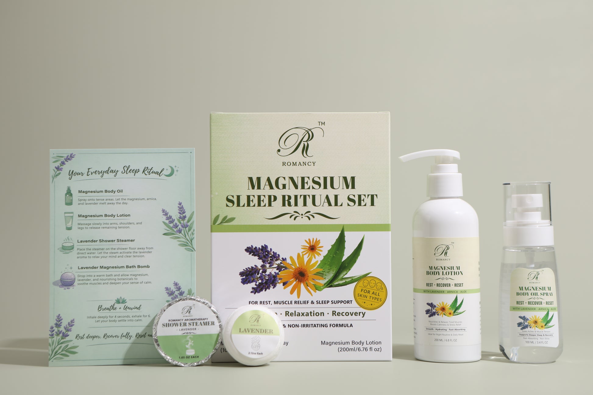 Romancy magnesium sleep ritual set with lotion, oil spray, bath bomb, shower steamer, and packaging
