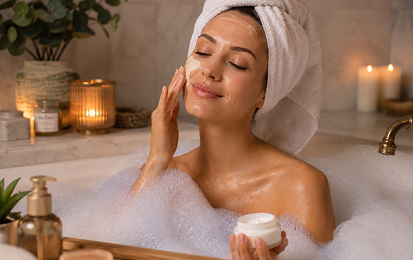 Romancy spa quality at home image featuring relaxing self-care and wellness products