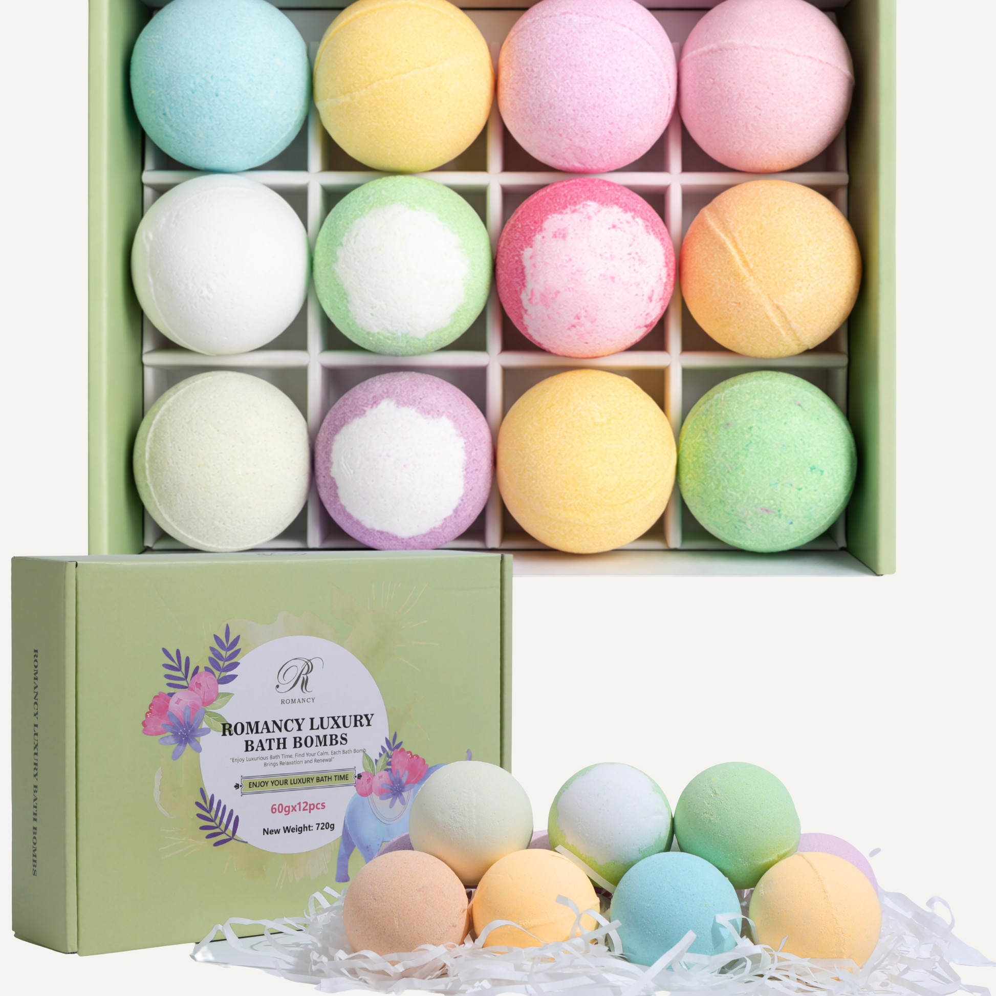 Romancy Luxury Bath Bombs gift set featuring twelve pastel-colored bath bombs arranged in a green branded box.