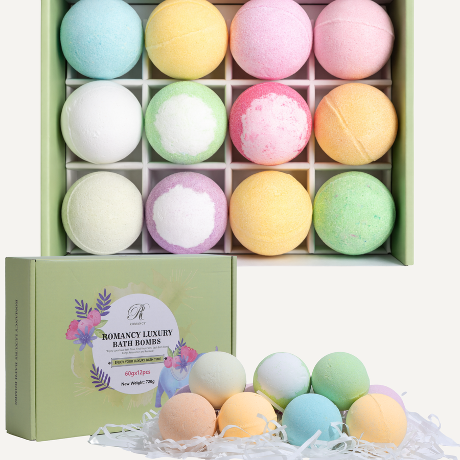 Romancy Luxury Bath Bombs gift set featuring twelve pastel-colored bath bombs arranged in a green branded box.