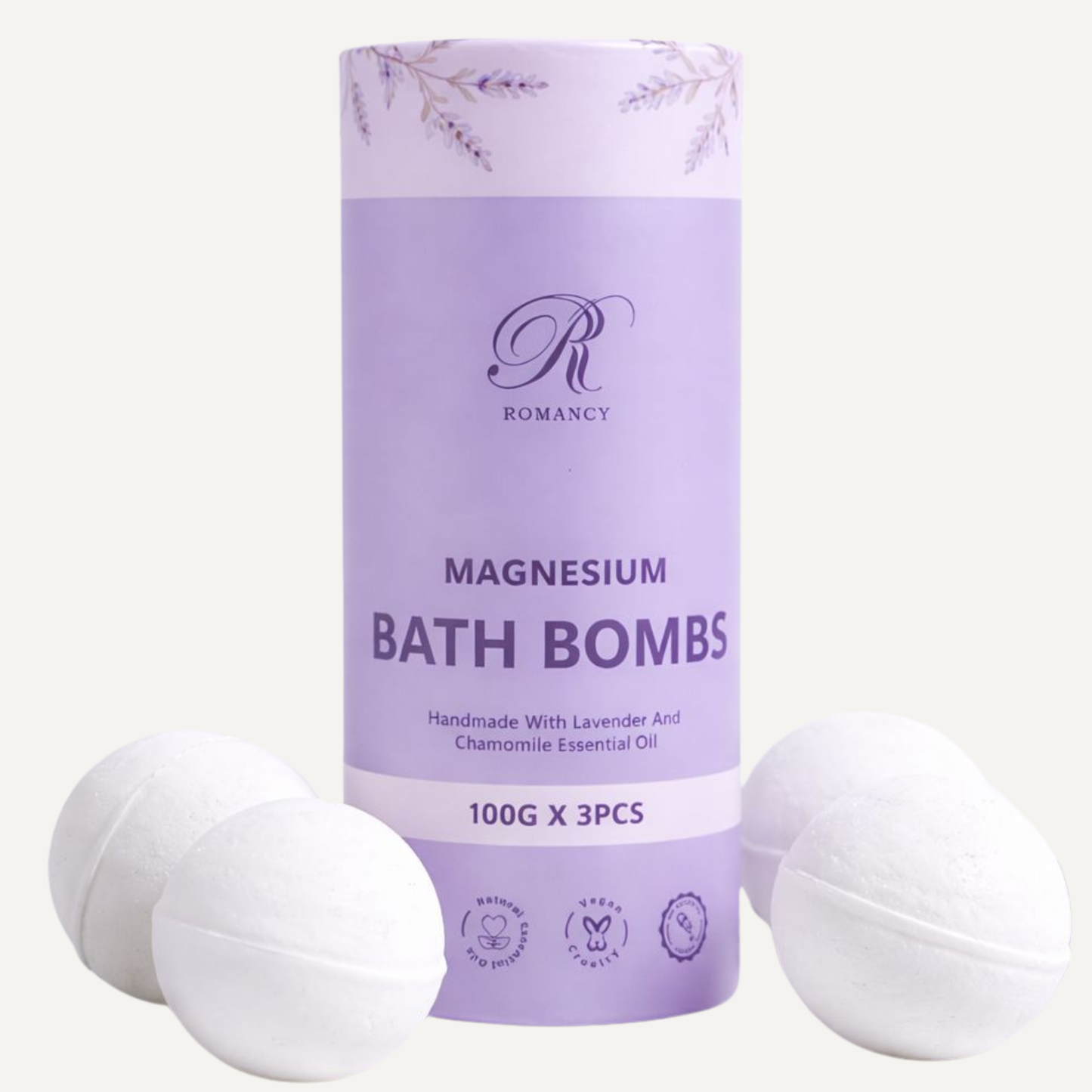 Purple Romancy magnesium bath bomb container with lavender design and three white bath bombs
