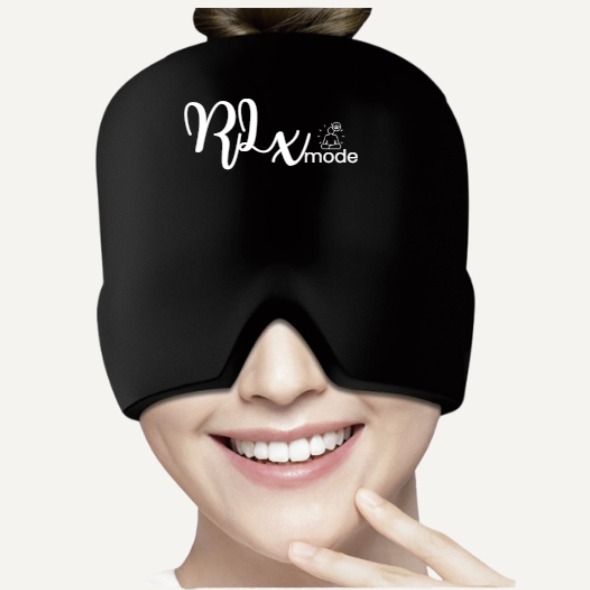 Person wearing a black hot and cold eye mask with soft fabric design on a white background.