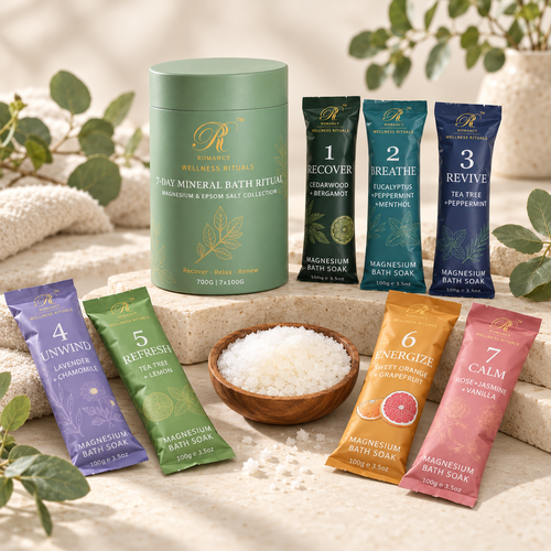 Romancy 7-Day Mineral Bath Ritual tube with 7 bath salt sachets and a bowl of salt on stone