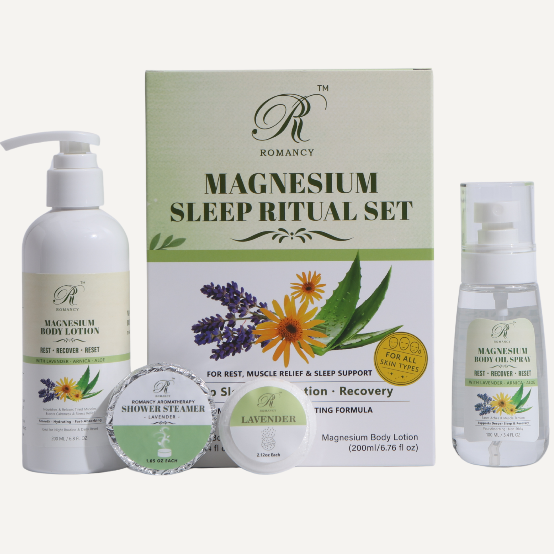 Romancy Magnesium Sleep Ritual Set with magnesium body oil spray and body lotion in branded packaging.