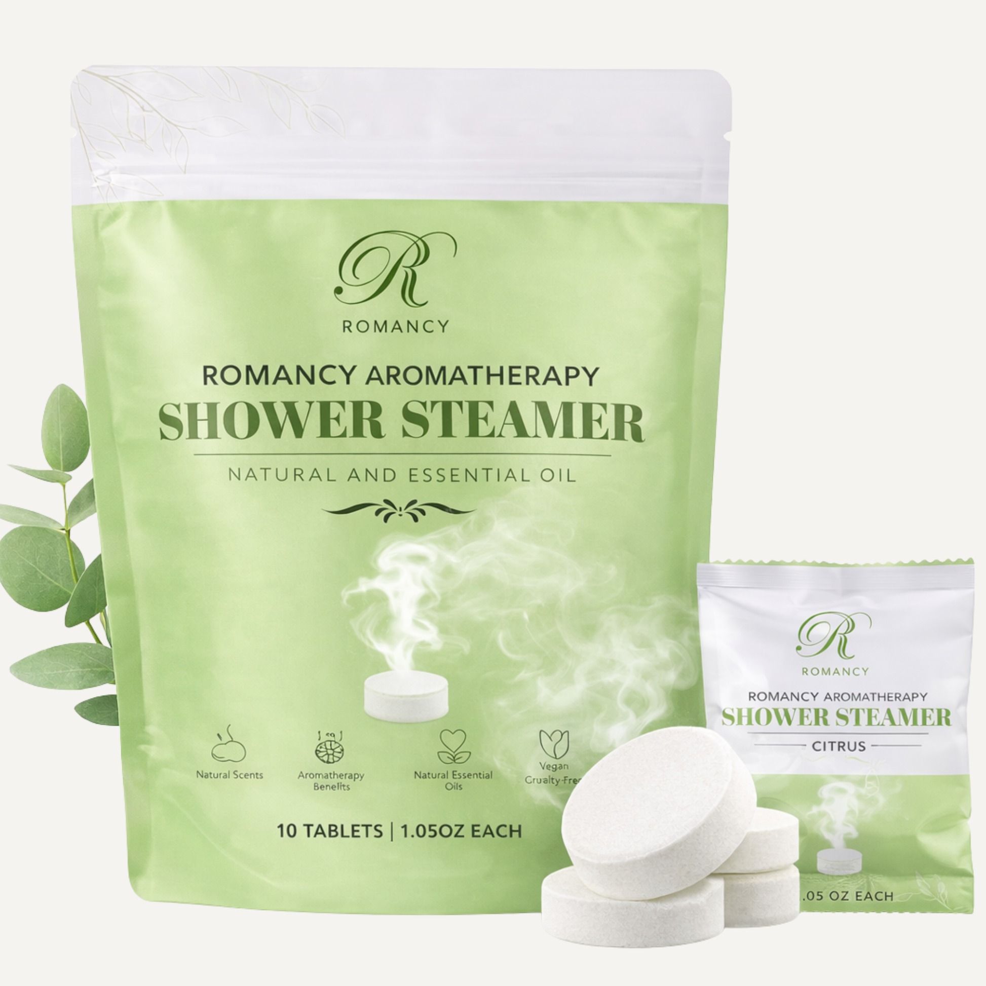 Romancy aromatherapy shower steamer packaging with green resealable pouch and white steamer tablets
