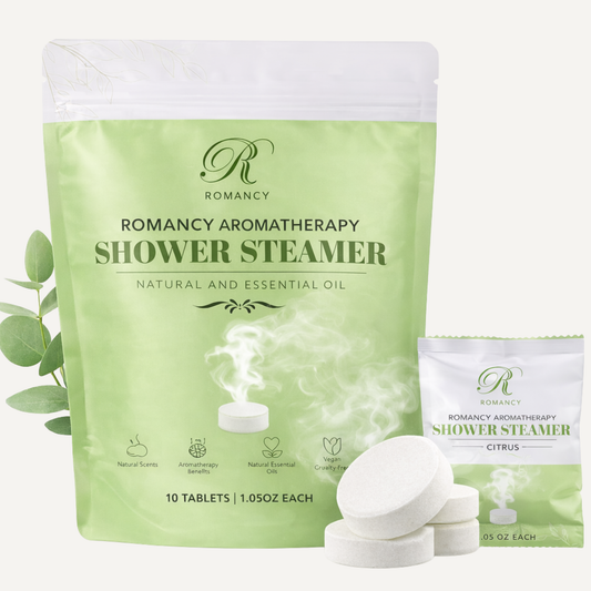 Romancy aromatherapy shower steamer packaging with green resealable pouch and white steamer tablets
