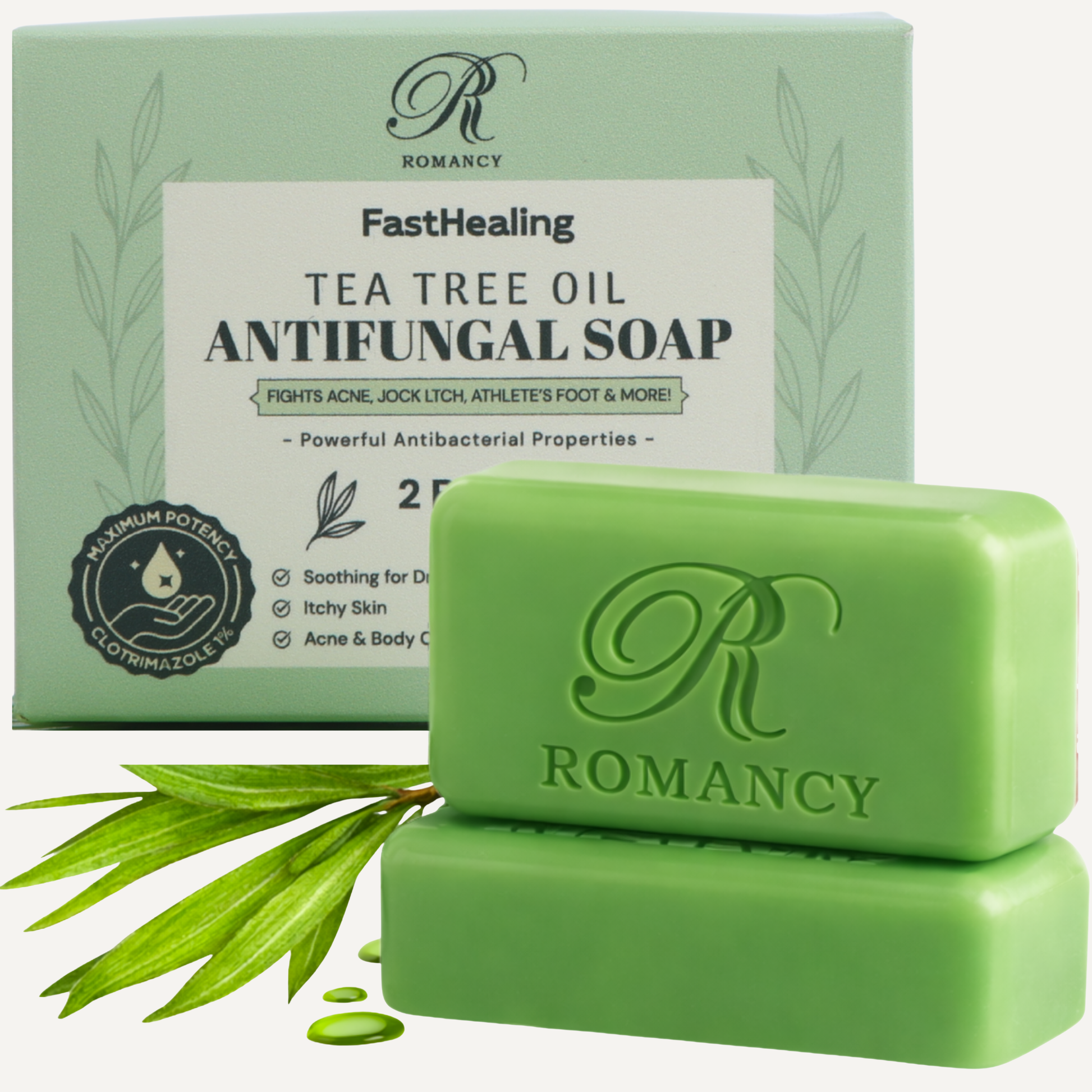 Green tea tree oil soap bar with Romancy logo and matching green packaging

