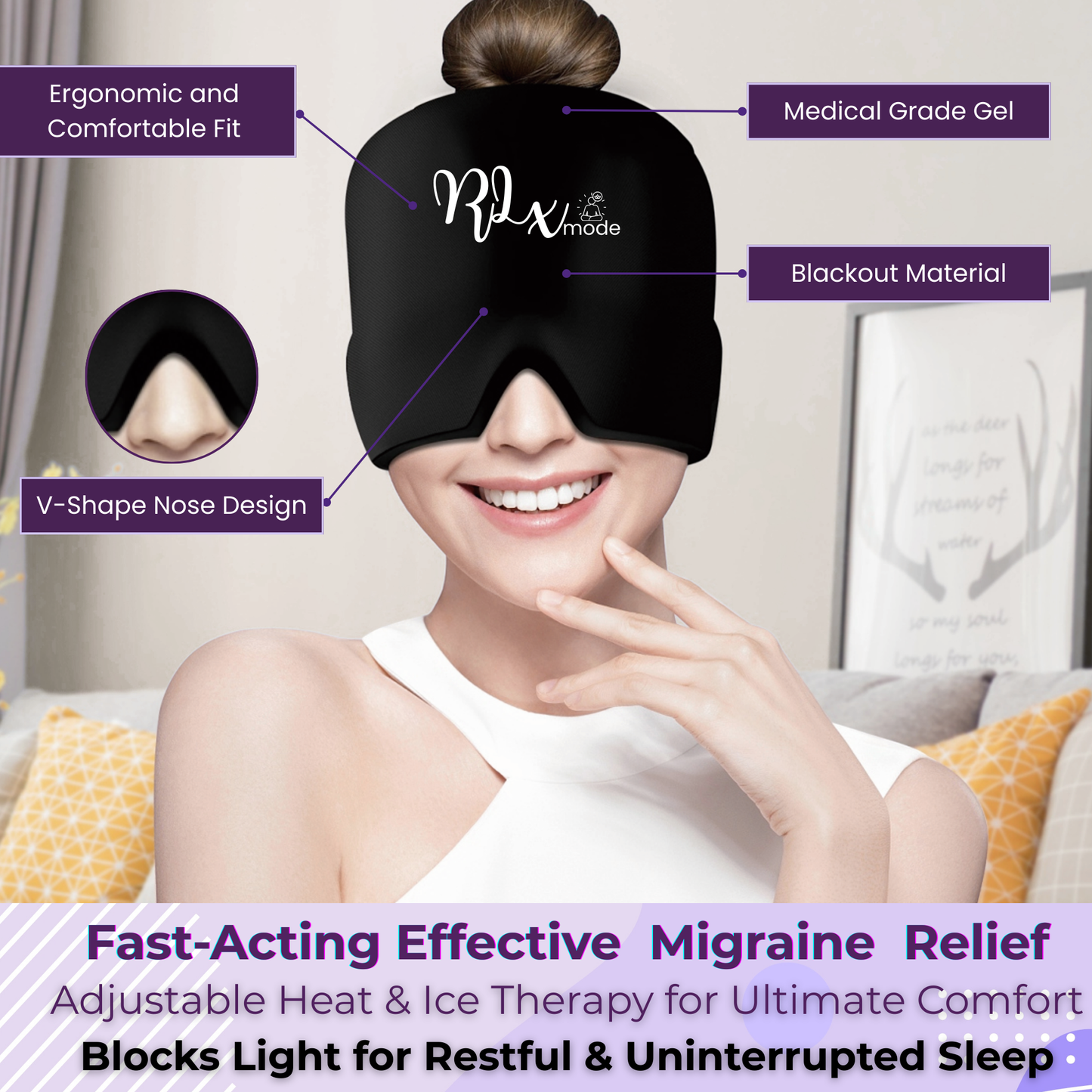 Woman wearing a black hot and cold eye mask with ergonomic fit and light-blocking design, relaxing on a couch.