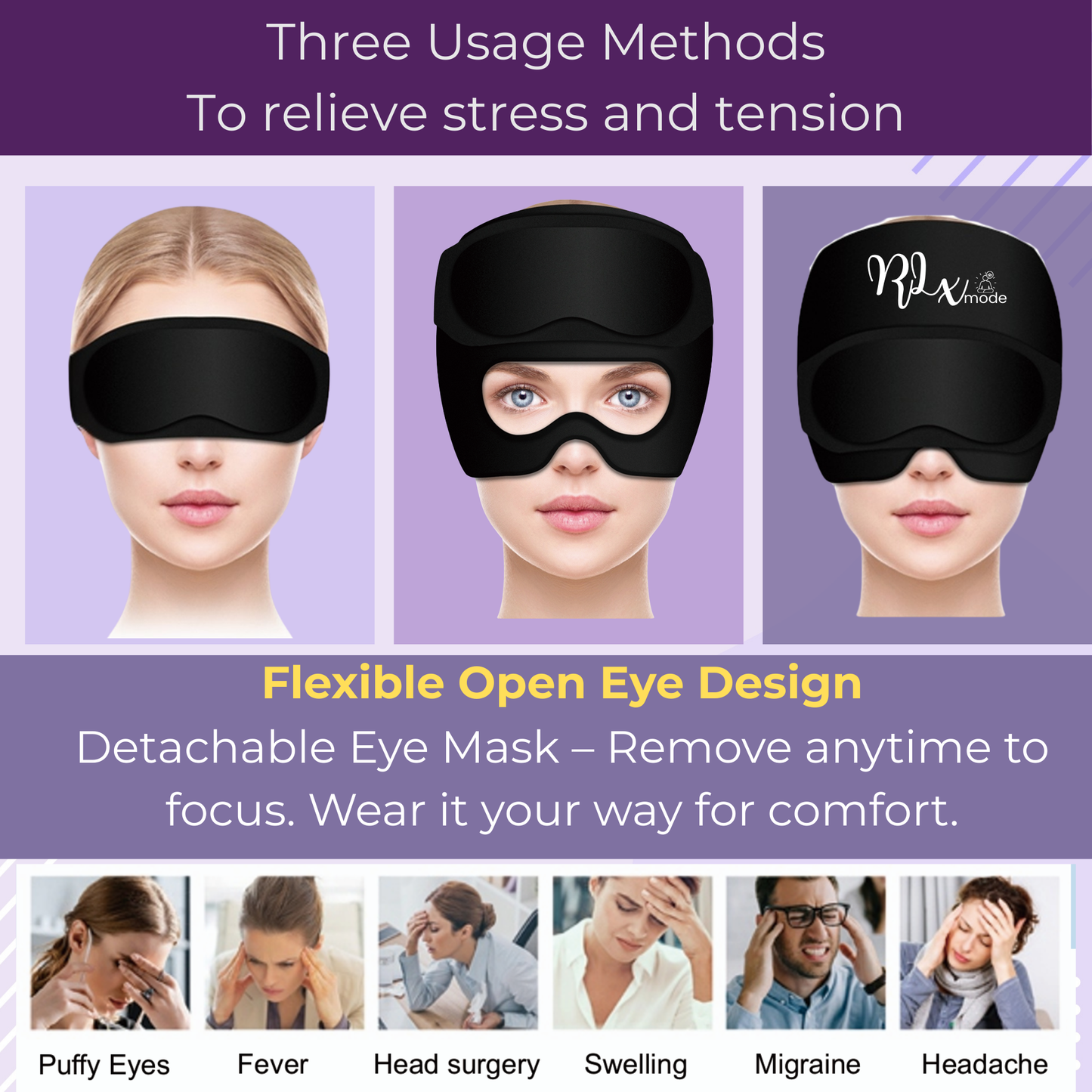 Three ways to wear a flexible hot and cold eye mask designed for stress relief and everyday comfort.