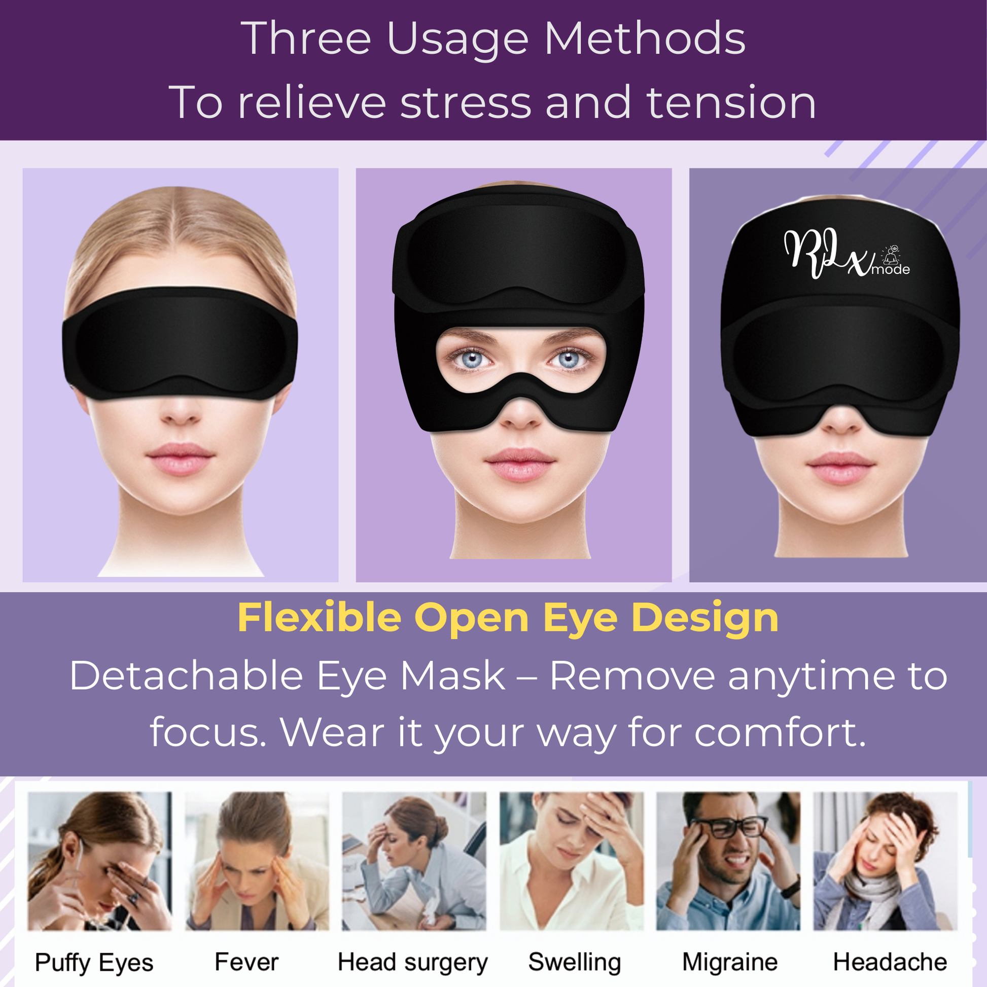 Three ways to wear a flexible hot and cold eye mask designed for stress relief and everyday comfort.
