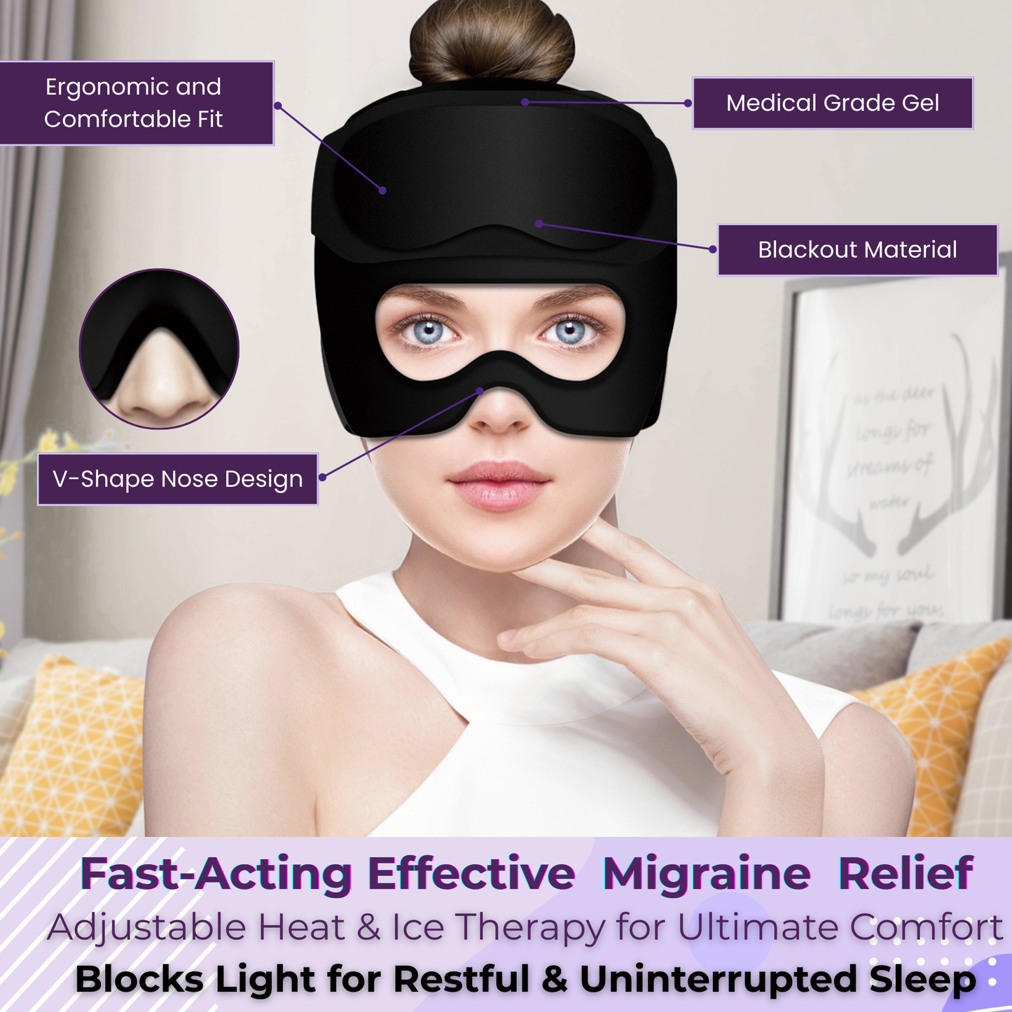 Woman wearing a black hot and cold eye mask with labeled comfort features including blackout fabric, cooling gel, and ergonomic fit