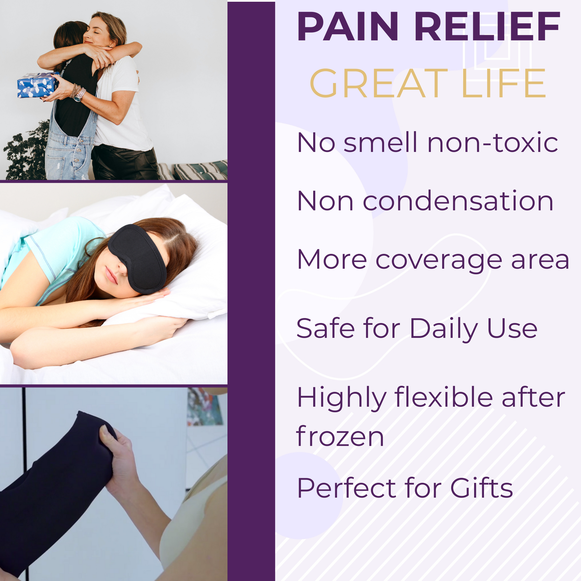 Black hot and cold eye mask worn for comfort while resting and sleeping.