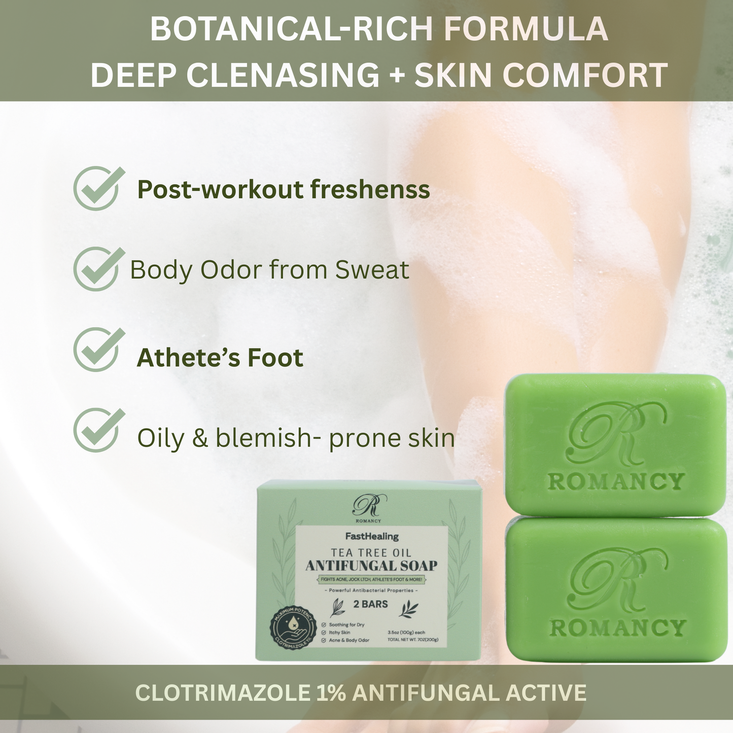 Green Romancy soap bars with tea tree inspired design and product packaging
