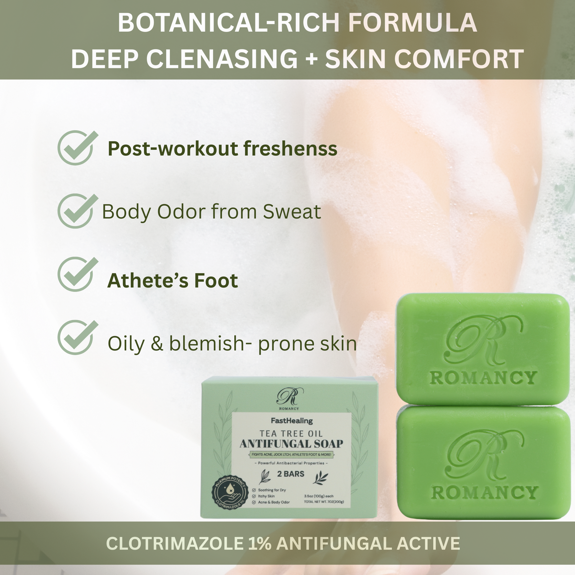 Green Romancy soap bars with tea tree inspired design and product packaging

