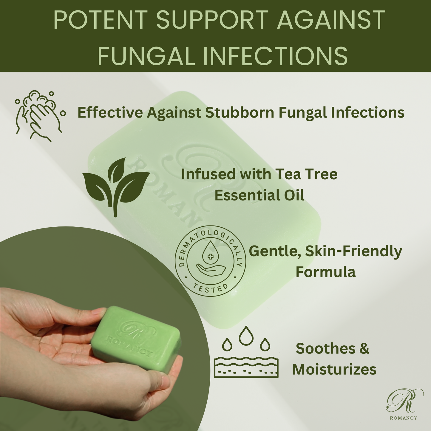 Green Romancy soap bar held in hands with botanical icons and product packaging

